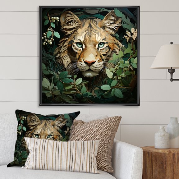 Designart "Lion in Green Foliage" Animals Framed Wall Art - Traditional Green Lion Entryway Framed Wall Art