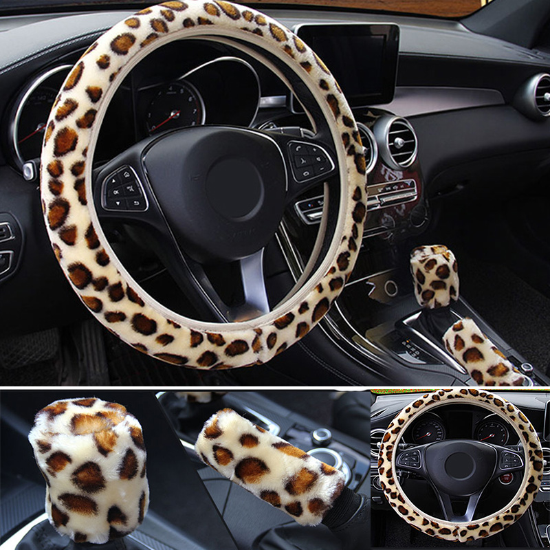 3Pcs Set Car Steering Wheel with Handbrake and Gear Shift Cover Leopard
