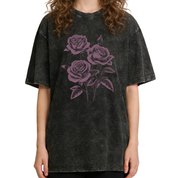 Women's Vintage Purple Rose Floral Graphic Comfortable Washed T Shirt Casual Black S-2XL Plus Size