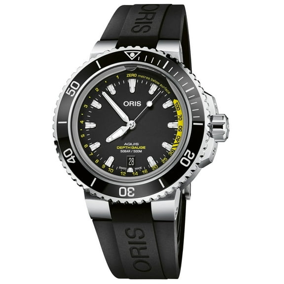 Oris Aquis Depth Gauge Automatic Stainless Steel Black Dial Black Rubber Strap Date Divers Mens Watch 733 7755 4154-Set RS