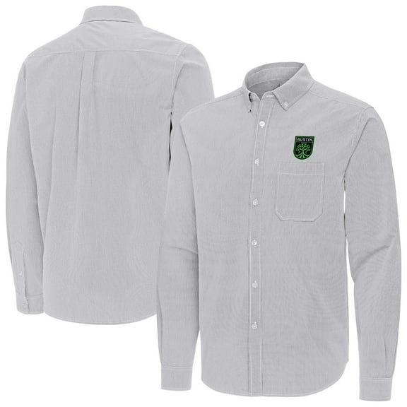 Men's Antigua Gray Austin FC Porter Woven Tri-Blend Long Sleeve Button-Down Shirt