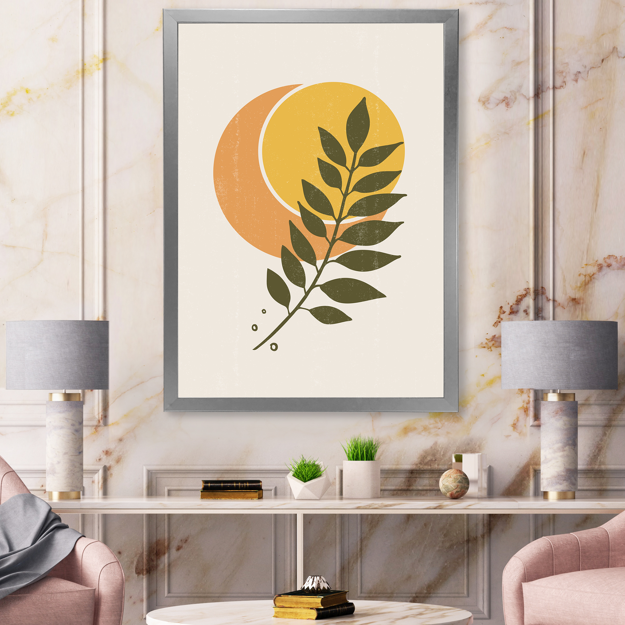 Designart 'Abstract Geometrical Moon and Sun With Leaf V' Modern Framed Art Print