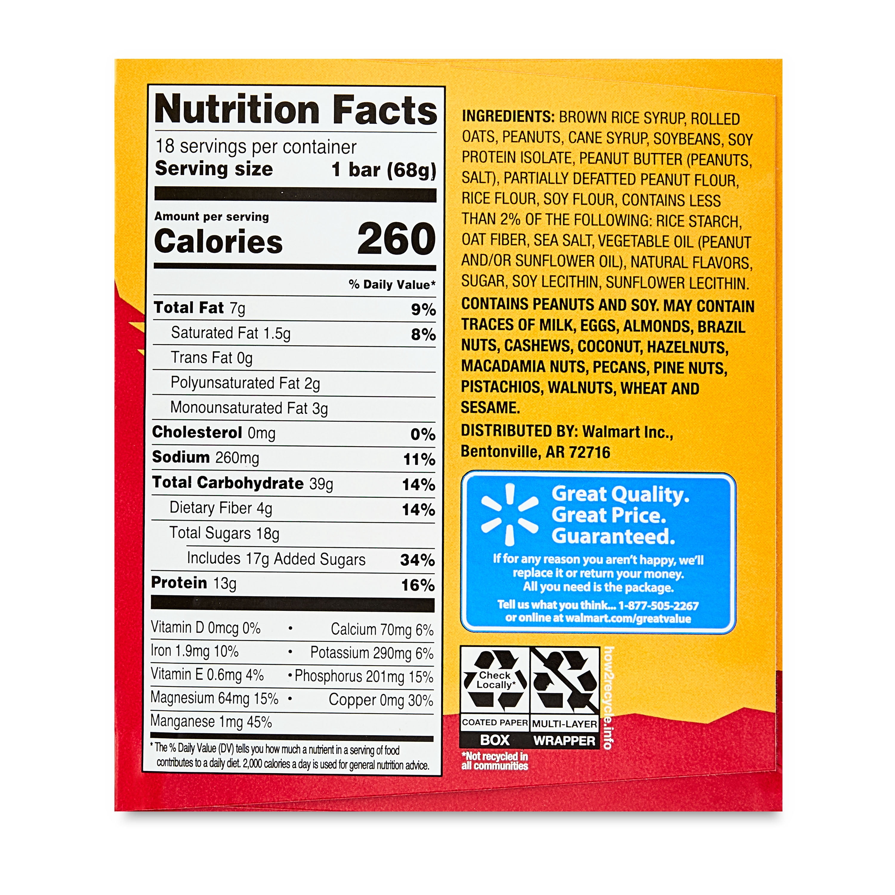 Great Value Energy Bar, Crunchy Peanut Butter, 2.4 oz, 18 Count
