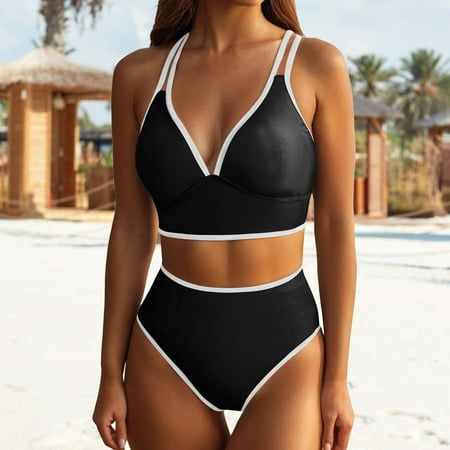 Tankini Set  Women With Breast Pad No Bracket Deep V Sexy Two Piece Swimsuit Beauty Back Color Contrast Swimsuit Black Women Blending Bikinis XL