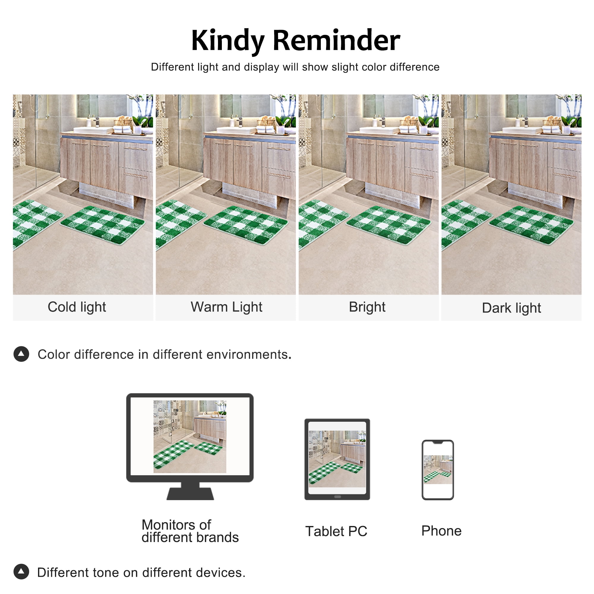 REGALWOVEN Microfiber Plaid Bathroom Rugs, 2 Pcs Extra Soft Fluffy Absorbent Bath Rug Green & White 17"x24"&17"x47"