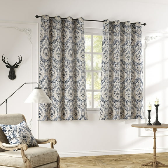 Curtainking Damask Printed Curtains for Bedroom Living Room Linen Textured Thermal Insulated Curtains Grommet 2 Panels 72 inch Length Blue on Greyish Beige