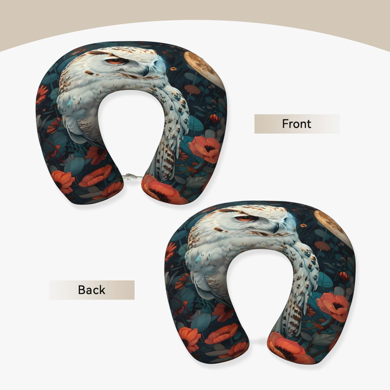 Xecao Moon Flower White Owl Print Memory Foam Cervical Neck Pillow Versatile U-Shaped Pillows for Home,Office,Camping,Travelling,Soft Washable Cover
