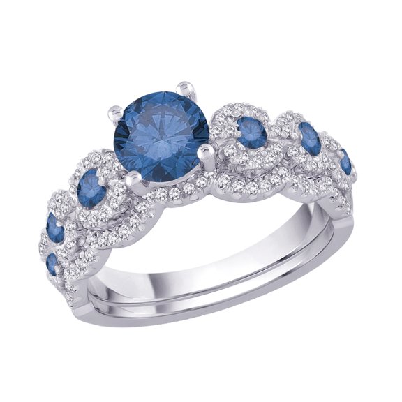 14K White Gold, Blue and White Diamond Bridal Engagement Set (1 2/3 cttw)
