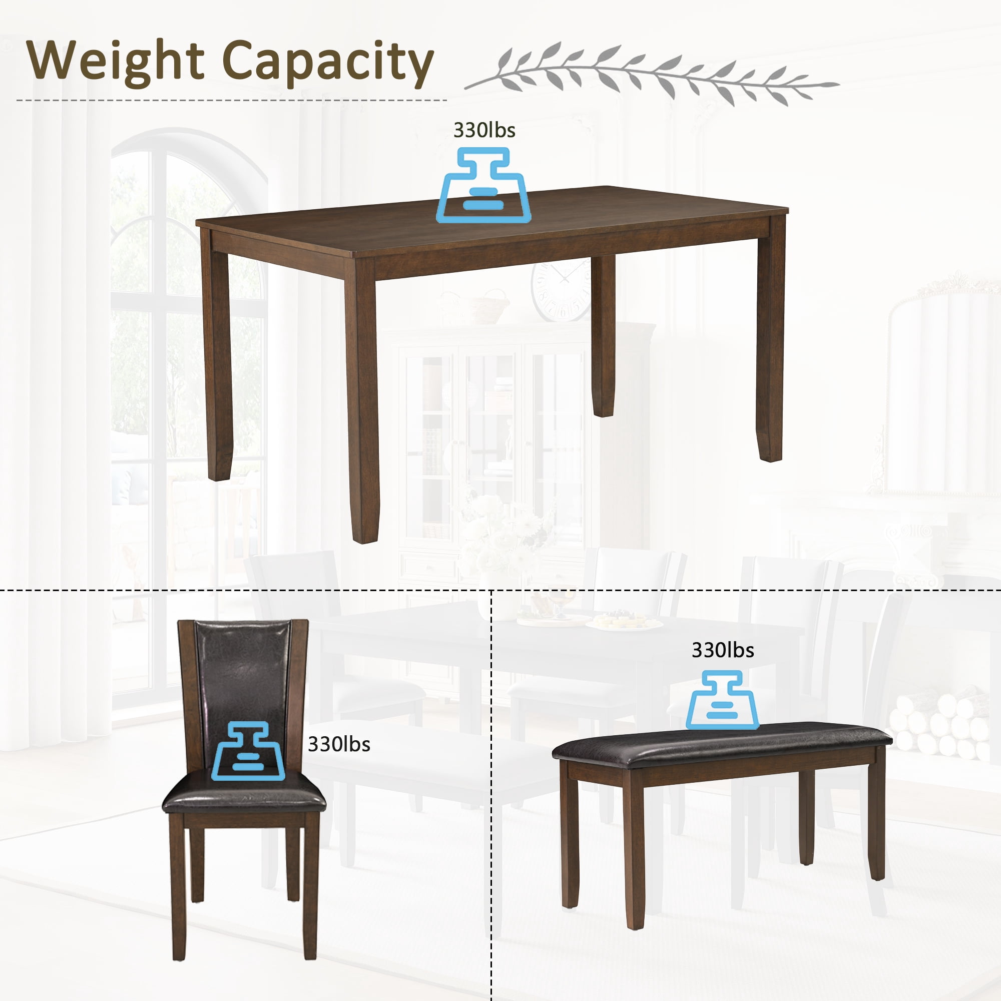 Leumius 6 Pieces Dining Table Set,Wood Dining Table Set with 4 Upholstered Leather Chairs and a Bench,Kitchen Dining Set for 6,Wooden Dining Furniture Sets for Kitchen, Dining Room,Dark Walnut