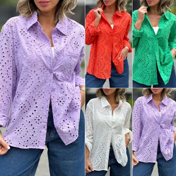 Xioeram Women Spring Autumn Shirt Lapel Long Sleeve Single Breasted Shirt Tops Solid Color Hollow Embroidery Flower Casual Shirt Streetwear