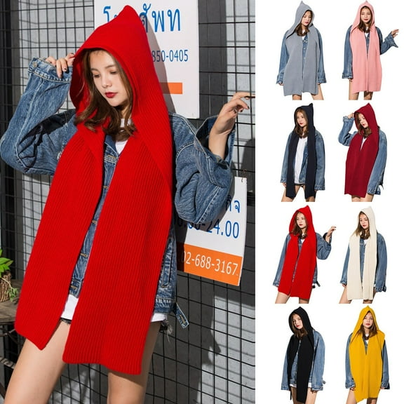 Women's 2 In 1 Knit Hooded Scarf Set Winter Cable Thick Stretchable