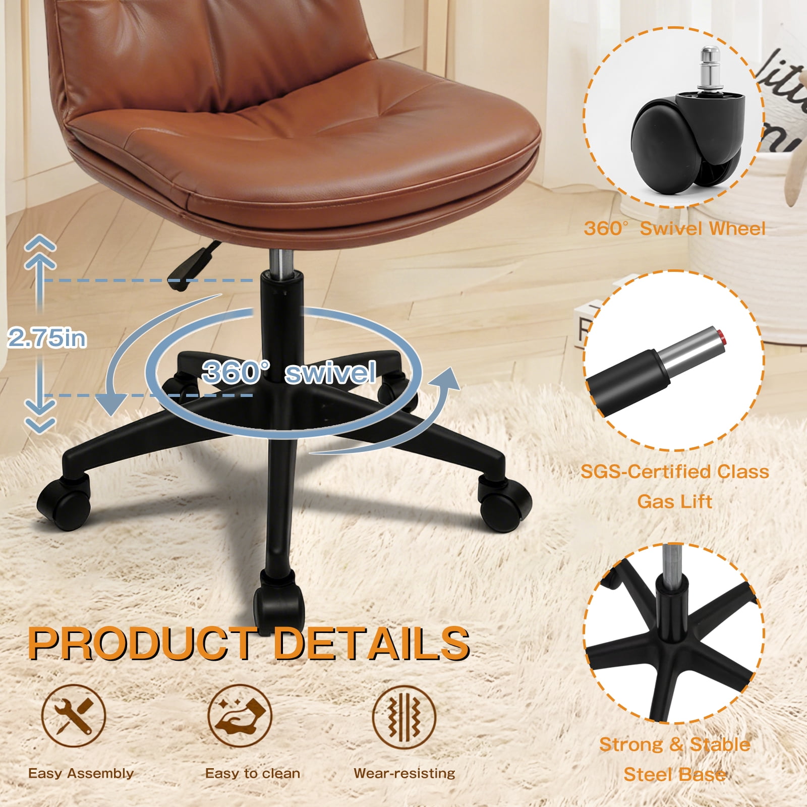 Small Office Desk Chair, PU Leather Armless Swivel Chair with Lumbar Pillow, Height Adjustable Task Chair for Small Spaces, Bedroom & Vanity Brown