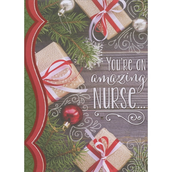 Designer Greetings Cream Wrapped Gifts with Red and White Ribbon Among Pine Branches and Ornaments Christmas Card for Nurse