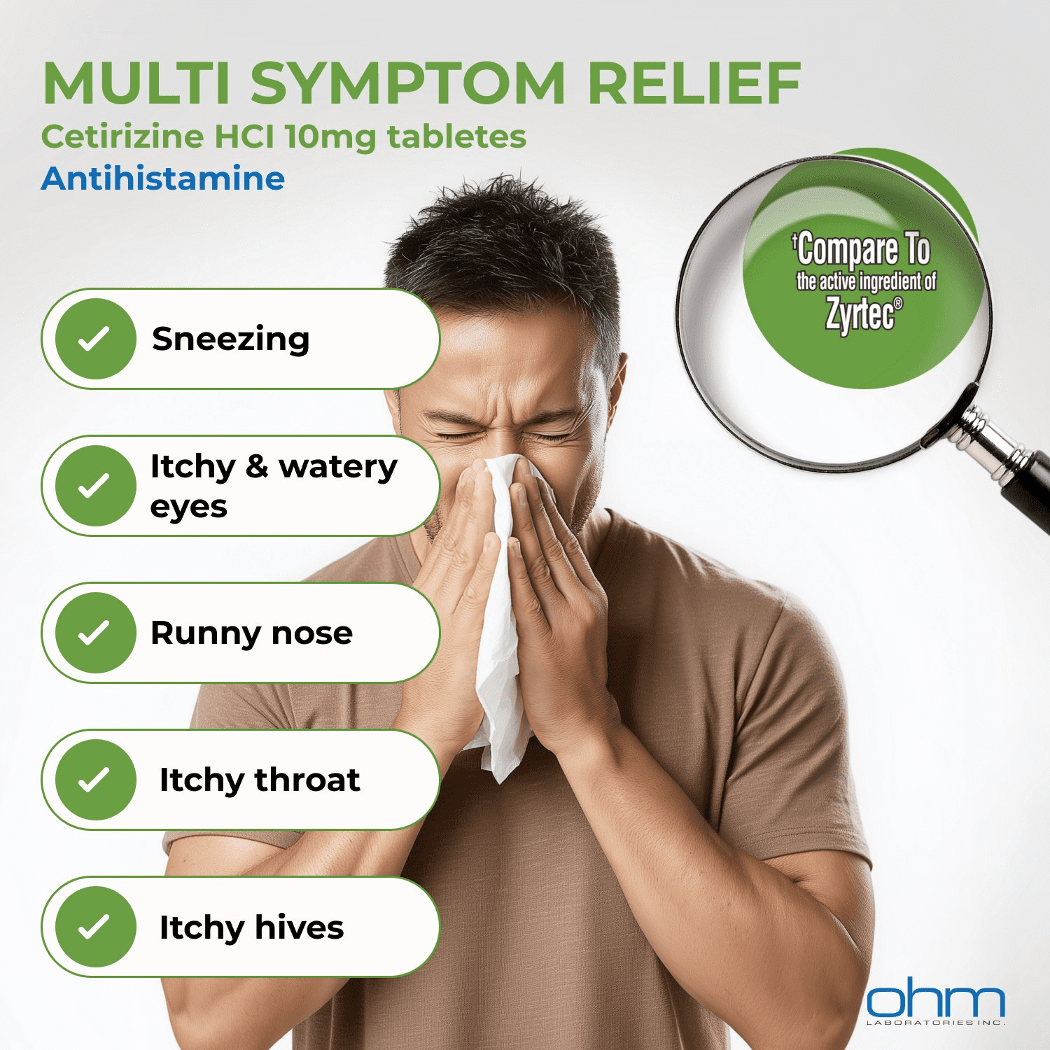 (4 pack) Ohm 24-Hour Antihistamine Cetirizine HCl 10 mg Tablets, 300 Count – All-Day Allergy Relief for Itchy Eyes, Runny Nose, Hay Fever, Pollen, and Indoor & Outdoor Allergies