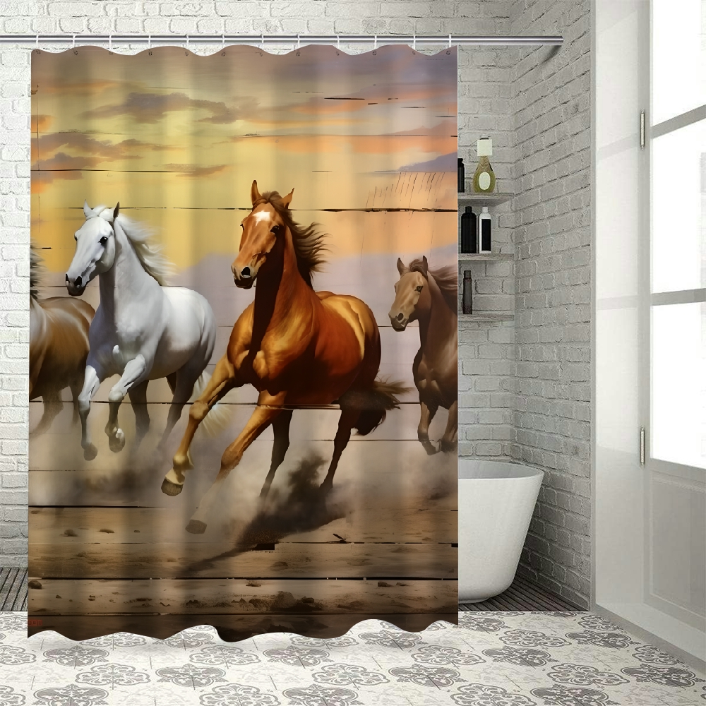 Horses running fence waterproof shower curtain Bathroom shower curtain  Cloth Fabric Bathroom Decor Set with Hooks