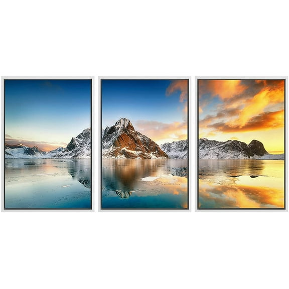 wall26 Framed Canvas Print Wall Art Set Sunset Snowy Mountain Range Lake Nature Wilderness Photography Realism Decorative Landscape Colorful for Living Room, Bedroom, Office - 16"x24"x3 WHI
