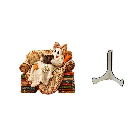 Ailezt Halloween Decor Halloween Flat Wooden Ornament Reading Tabletop Book‑Loving Figurine With Stand For Shelf Mantel Party Decoration