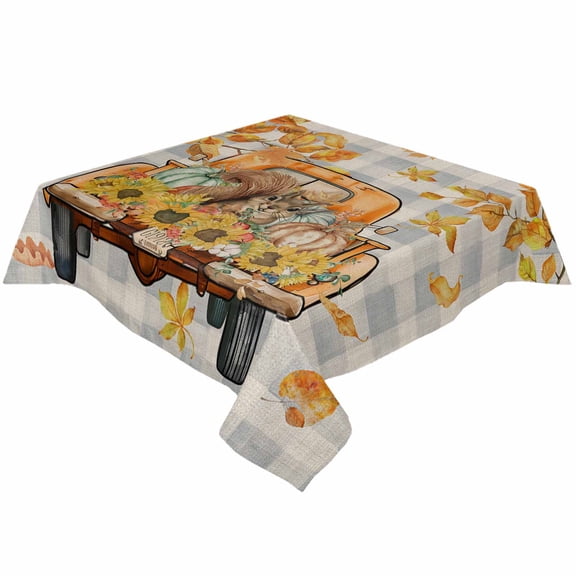 Fall Truck Squirrel Pumpkins Square/Round Tablecloths 52x52,Rustic Thanksgiving Leaves Plaid Table Cloth Table Cover Indoor/Outdoor Tabletop Decor for Wedding Holiday Party Dinner Baby Shower