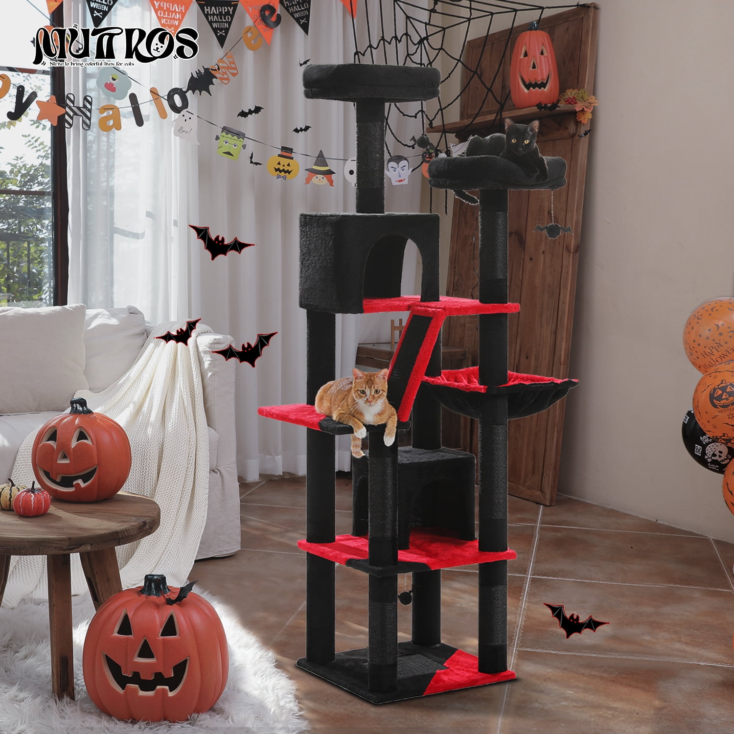 Pefilos 70" Cat Tree Tower for Indoor Cats, Multi-Level Cat Tree House Cat Scratching Post with 2 Perches, 2 Cat Condos, Hammock and 2 Pompoms, Black