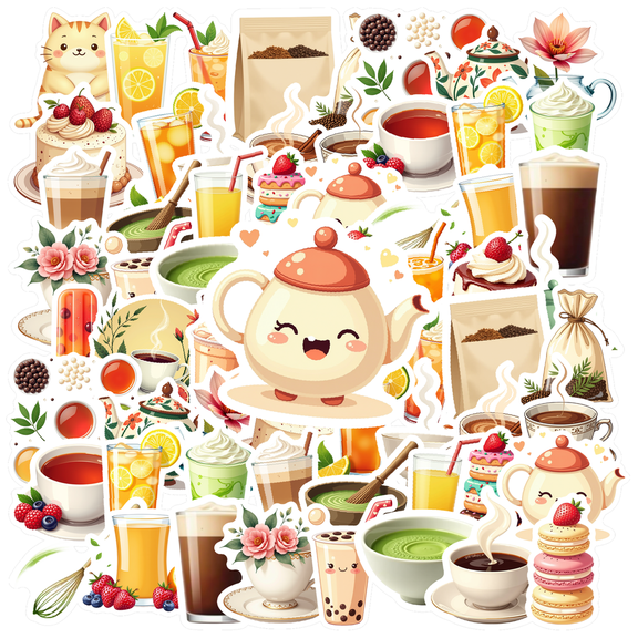 Cartoon Tea and Dessert Stickers, Waterproof Tea and Dessert Sticker for Water Bottle Laptop Phone Cases Planner Skateboard Luggage Helmet Party Favor Decor, Ideal for Adults Teens Teacher Rewards