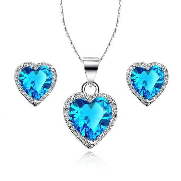 Bonjour Jewelers 18k White Gold Plated Heart 4 Carat Created Aquamarine Full Set Necklace, Earrings 18 Inch