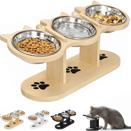 Anti-Slip Elevated 3-Bowl Pet Feeder Set, Raised Cat and Small Dog Food Water Bowls with Stand, No Spill Multi-Pet Feeding Station Water Bowl for Wet Dry Kibble, Neck Strain Relief (Wood)
