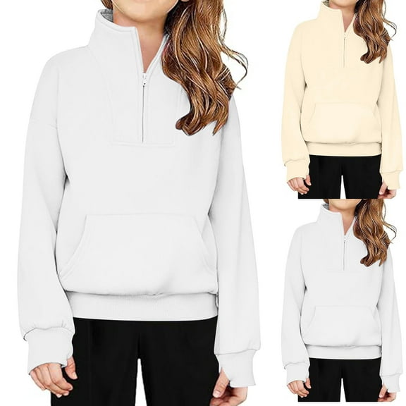 Agkizg Girls Long Sleeve Tops,Sweatshirt for Kids,5-14 Years Children's Mid To Large Age Boys and Girls Spring Solid Color Half Zipper High Neck Hooded Sweatshirt