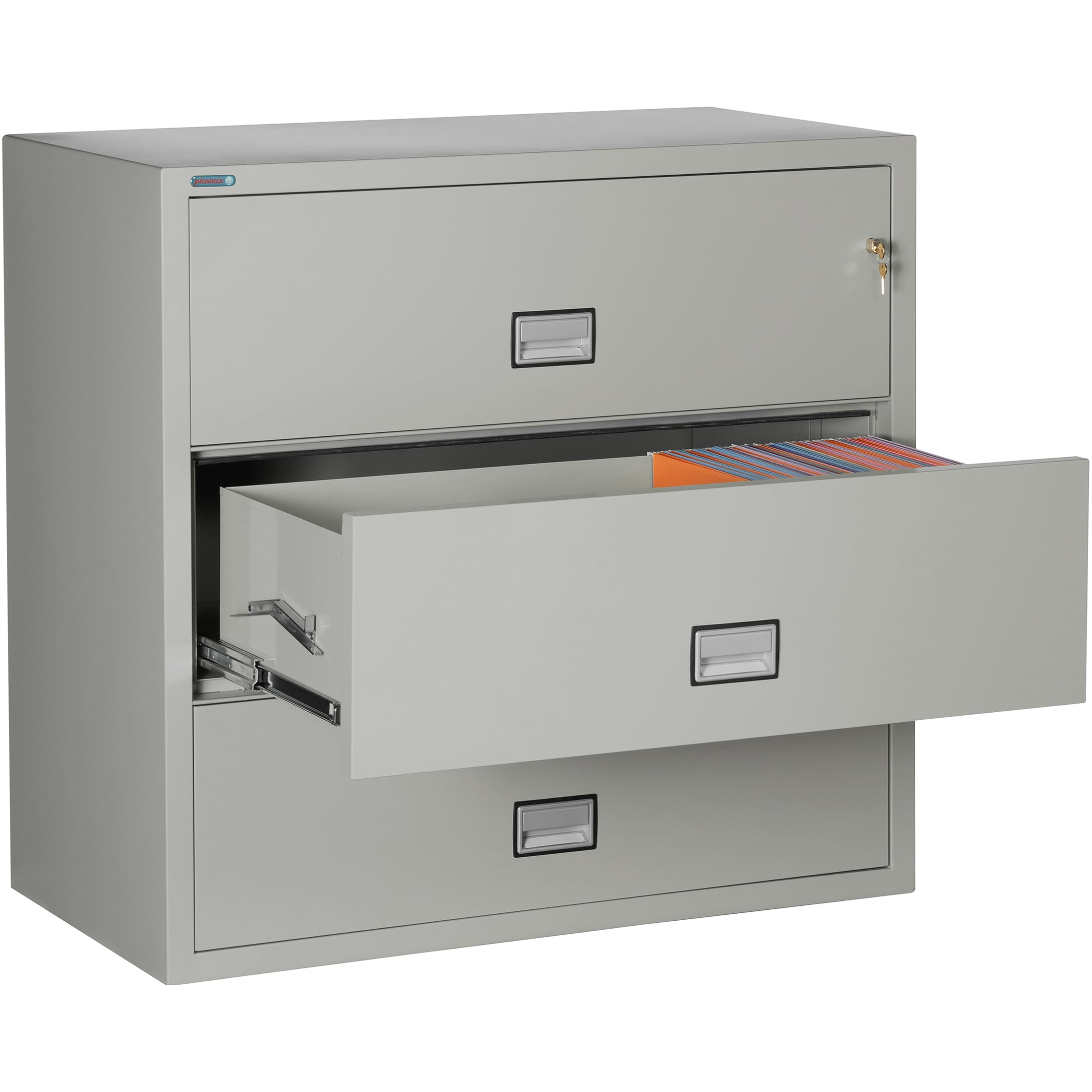 Phoenix Safe Lateral 44 inch 3-Drawer Fireproof File Cabinet with Key Lock, Water Seal, Gray, LAT3W44LG