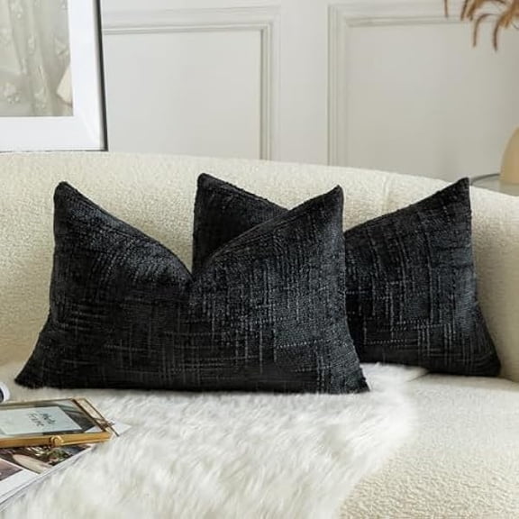 Eryueer Pack of 2 Solid Decorative Soft Chenille Black Cushion Covers 30x50cm 12x20 Inch Lumbar Accent Solid Throw Pillow Case Soft Cozy Luxury Pillow Covers for Sofa Couch Bedroom