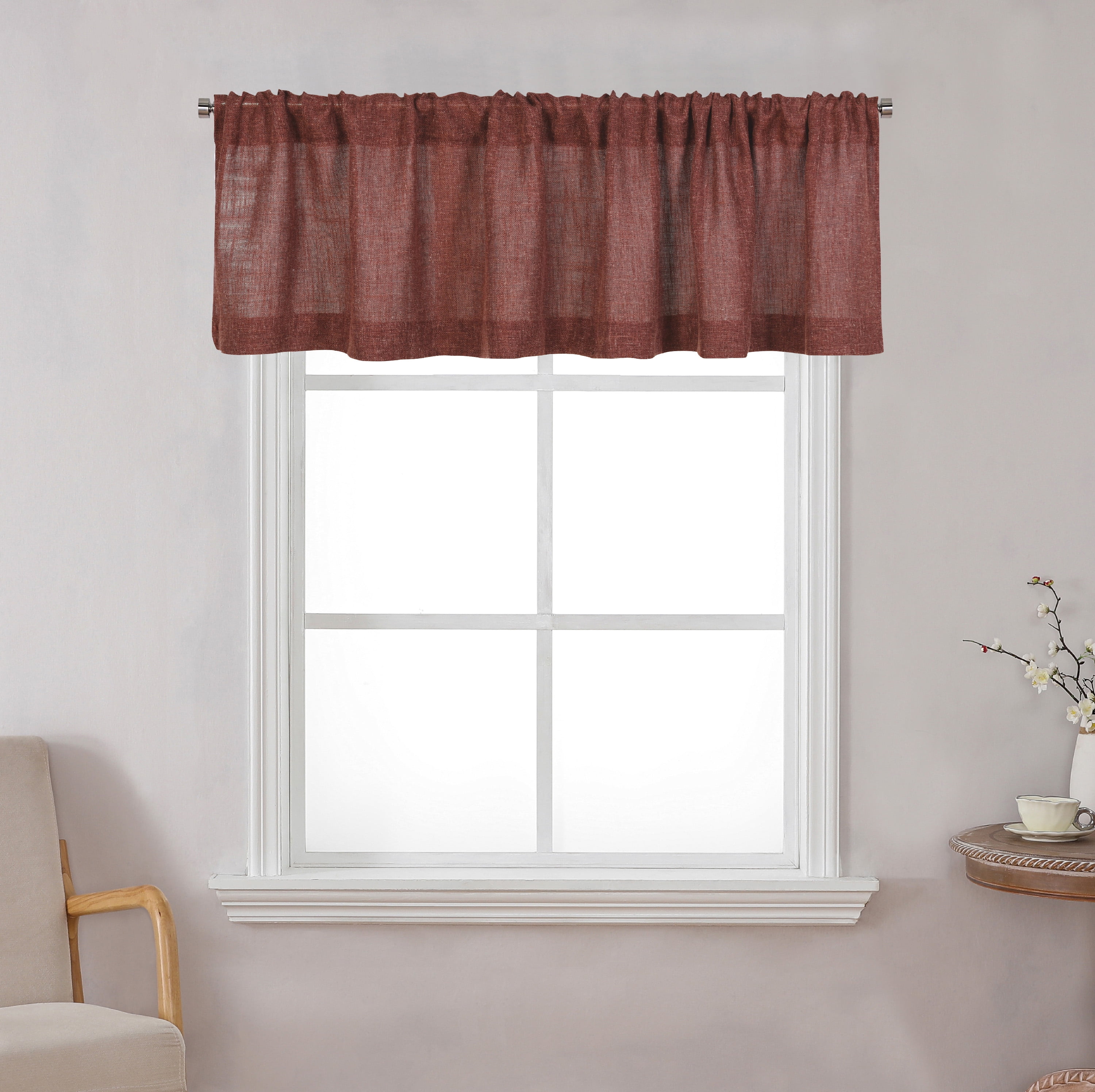 Better Homes & Gardens Linen Blend Light Filtering Rod Pocket Kitchen Curtain Tiers and Valance, Set of 3, Deep Redwood, 60 W x 36 L