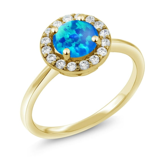 Gem Stone King 18K Yellow Gold Plated Silver Engagement Ring Cabochon Simulated Opal and Moissanite (1.10 Cttw) (Size 5)