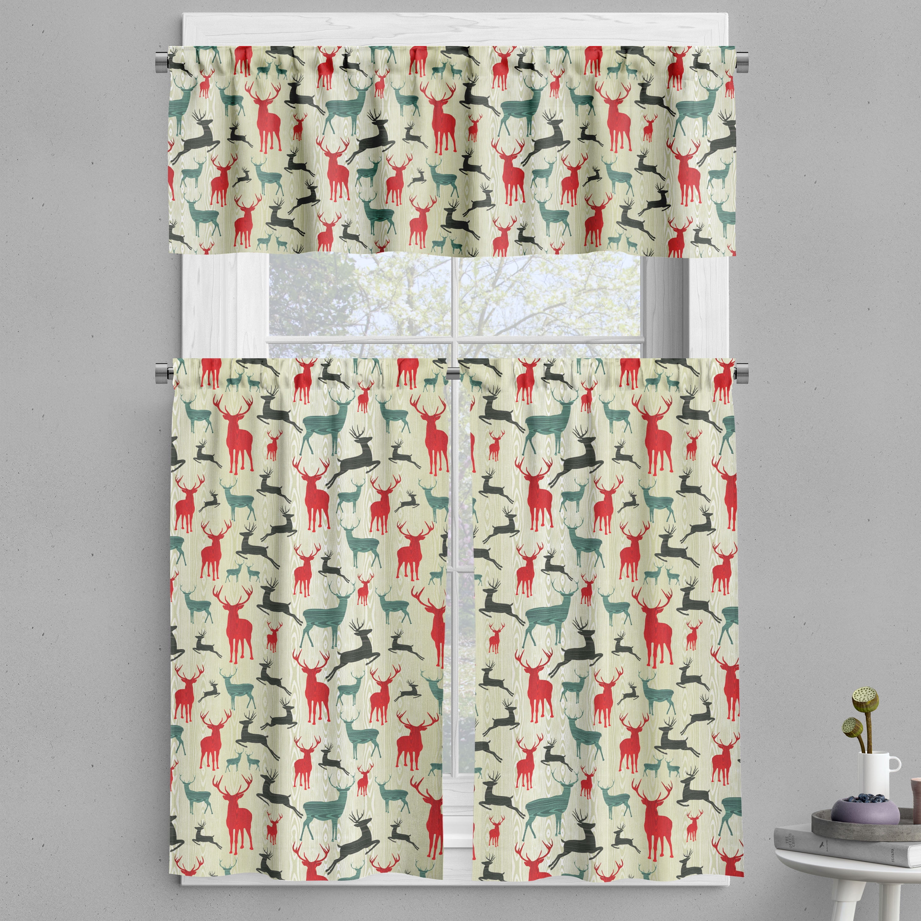 Deer Valance & Tier Curtain 3 pcs Set, Winter Season Animal Silhouettes