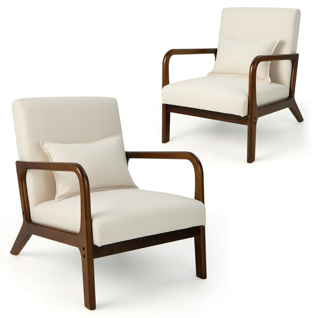 Costway Set of 2 Accent Chairs Leisure Armchair with Rubber Wood Frame&Lumbar Pillow Beige
