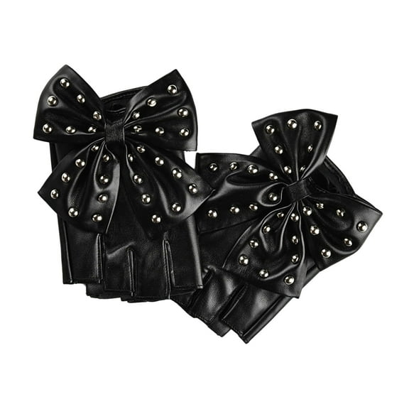 Yoetaun Women Bowknot Rivet Half Finger Gloves PU Leather Gloves For Nightclub Hiphop Dancing Wear And Stage Performances Black