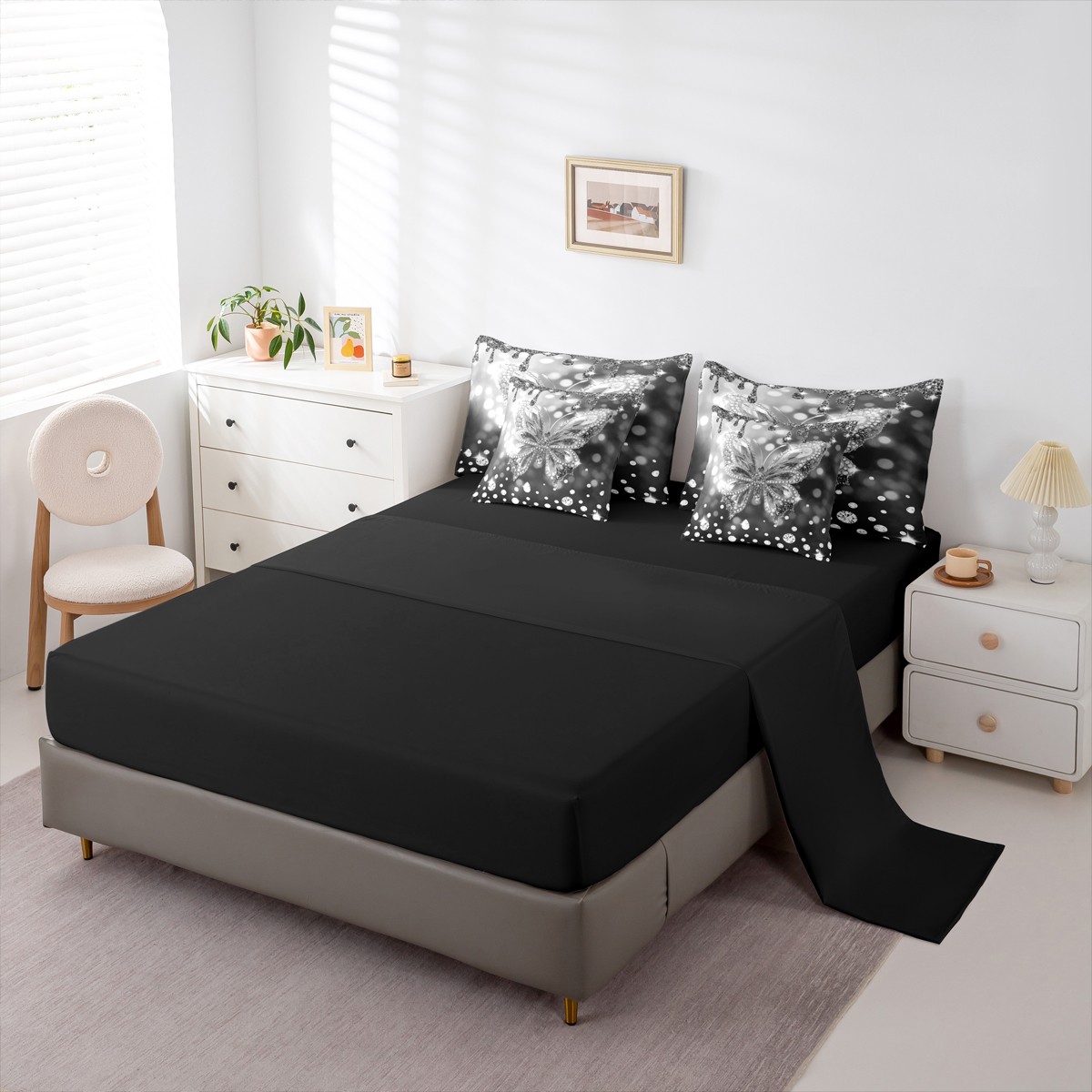 jejeloiu Cute Butterflies 7 Pieces Bedding Comforter Set,Chic Moth Full Bedding Set,Sliver Gray Diamond Fitted Sheet Flat Sheet For Girls,Ultra Soft Home Decor Reversible