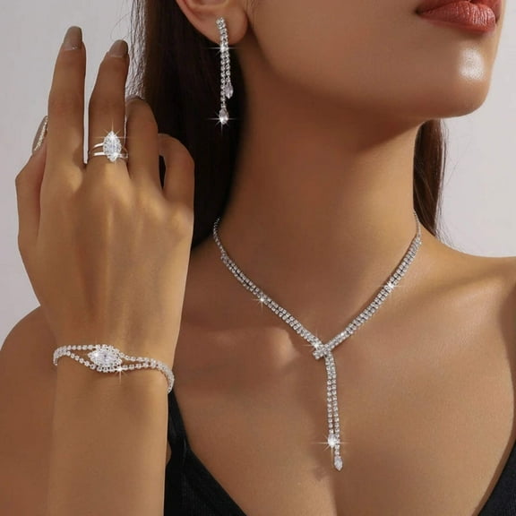 Luxury Sparkling Set Zirconia Tassel Necklace, Earrings,  Bracelet