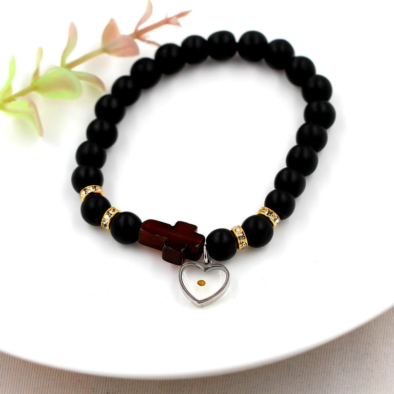 Uloveido Synthetic Black Agate Beaded Cross Bracelet With Mustard Seed Charm - Stretch Fit Jewelry Gift