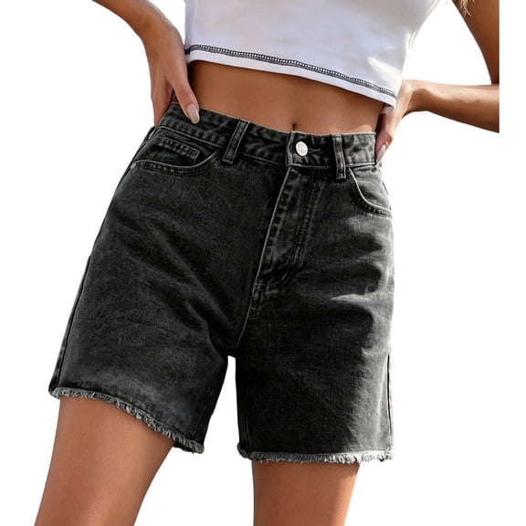XIAONU Solid Denim Shorts for Women Frayed Hem Denim Stitching Casual Wear Shorts