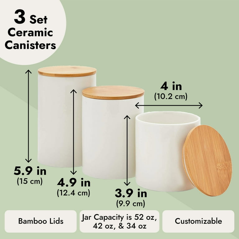 yangbaga kitchen canisters with bamboo lids-set of 3 food storage jar  84/32/15 oz airtight seal ceramic canister with measuri