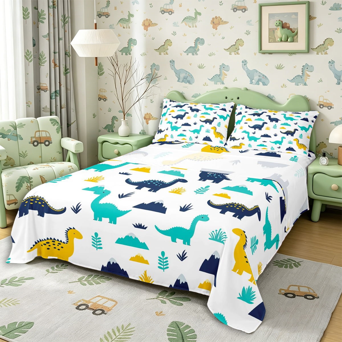 Metsweet Jungle Dinosaur Bed Sheets 4-Piece Kawaii Animal Dino Full Size Sheets Teal Yellow White 1 Fitted Sheet 1 Flat Sheet and 2 Pillowcases