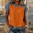 thumbnail image 5 of Rutainlusire Women's Round Neck Waffle Knit Faux Denim Patchwork Short Sleeve Tops Ladies Casual Loose Fit Stretchy Soft Breathable Fabric Raglan Sleeve Design Tops, 5 of 6