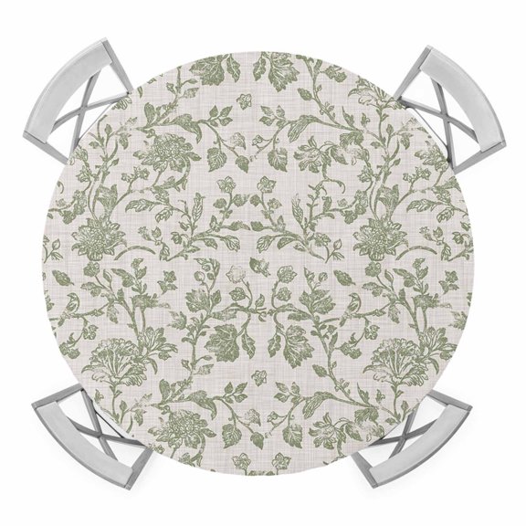 Round Fitted Tablecloth with Elastic Edge, Farmhouse Sage Green Waterproof Table Cloth Table Cover for 45"-54" Tables, Vintage Flower Leaf Botanical Tablecloths for Dining Picnic Party Outdoor