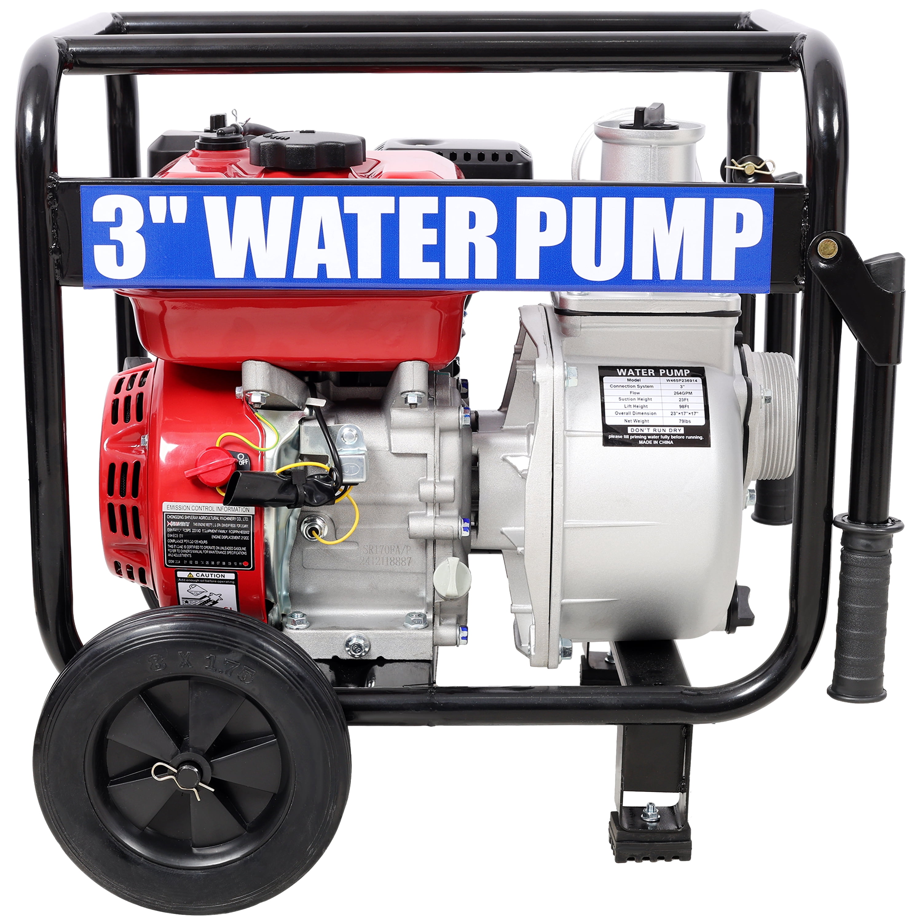 Portable Power Station Gas Engine Powered Water Pump 3" inlet&outlet, Flow:264Gpm , 7HP Engine 212CC, EPA Certificated, 3in NPT Connector, 3in to 2in coupler 2in1, 50 ft Discharge Hose, 12 ft Suction