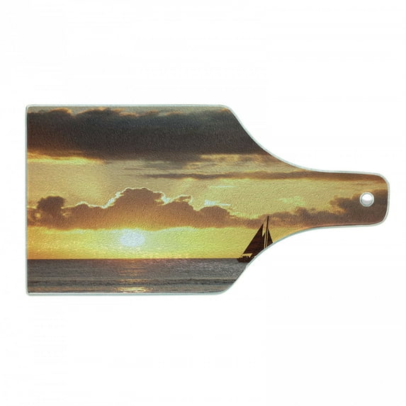 Ocean Cutting Board, Boat in the Oceannd Cloudy Skyt Sunset Digital Image Print, Decorative Tempered Glass Cutting and Serving Board, Wine Bottle Shape, Grey and Marigold, by Ambesonne