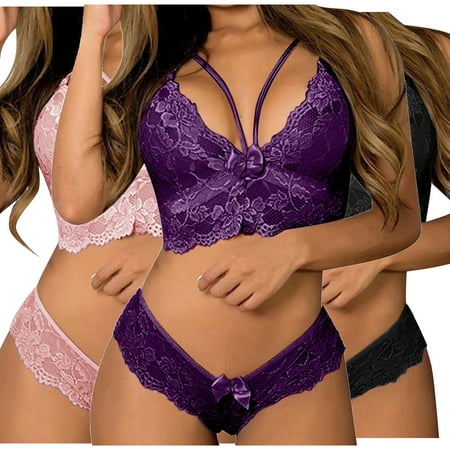Virmaxy Alluring Bra and Panty 3 Piece Sets for Women Naughty Alluring Lingerie Corset Lace Lingerie Floral Bralette Bra Panties 3PC Set Pink XS