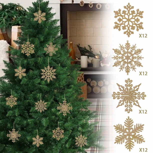 Set de adornos de copos de nieve de Navidad Pack de 12 | Decoraciones de árbol de plástico hueco de 10 cm • Efecto de purpurina • Colgante navideño blanco • Decoración navideña duradera y ligera