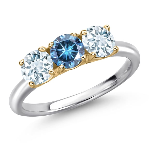 Gem Stone King 925 Silver and 10K Yellow Gold Persian Blue Moissanite and Sky Blue Aquamarine Engagement Ring for Women | 1.50 Cttw | Round 5MM | Gemstone Birthstone | Size 6