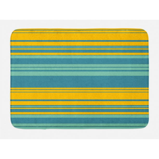 Yellow and Blue Bath Mat, Horizontal Abstract Color Stripes Lines