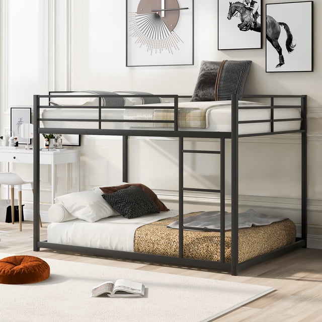 DAJU Full over Full Metal Bunk Bed,Low Bunk Bed with Ladder,Black