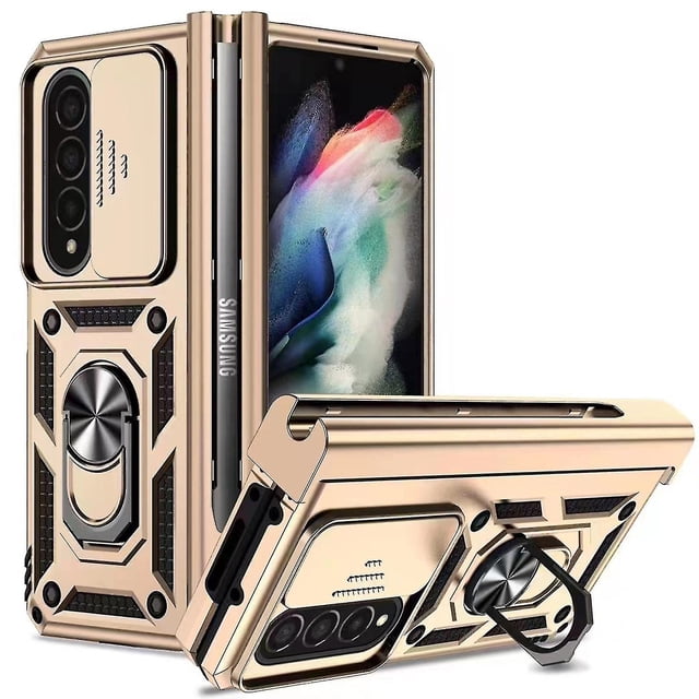 Funda protectora compatible con Galaxy Z Fold 4, carcasa rígida de policarbonato a prueba de golpes con soporte para anillo de metal y soporte para S Pen.